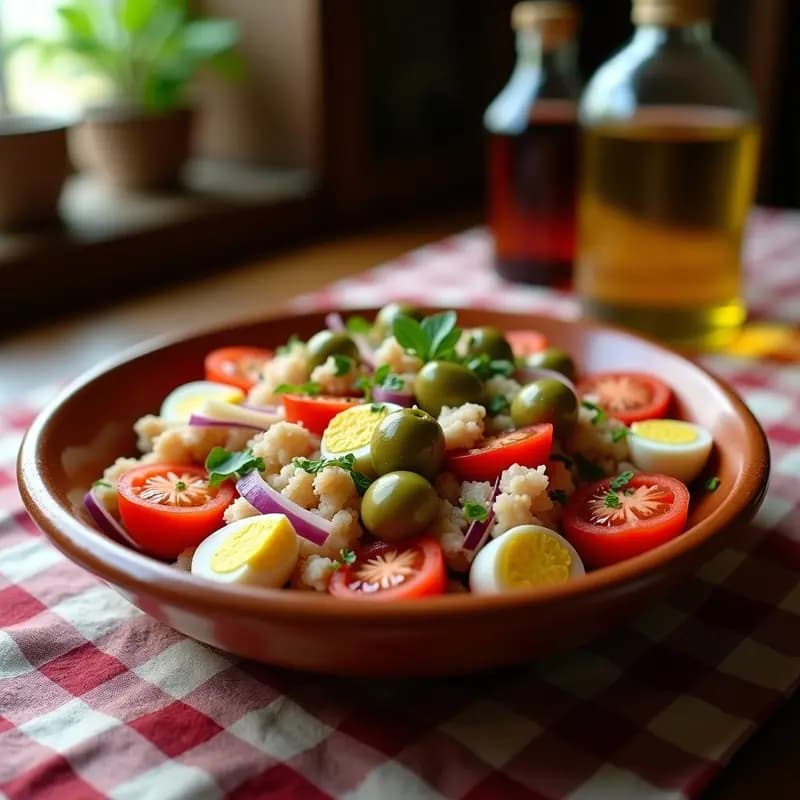 Mojete murciano: Ensalada de tomate, bacalao, huevo y aceitunas aliñada