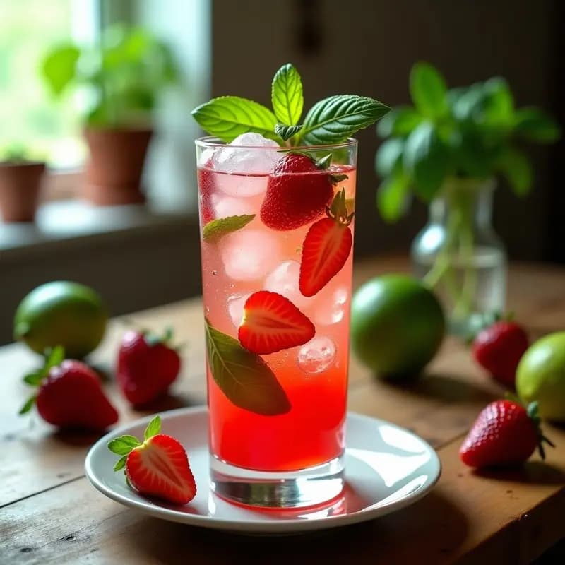 Mojito de Fresa y Albahaca: Bebida Cubana Sin Azúcar con Limón y Hierbabuena