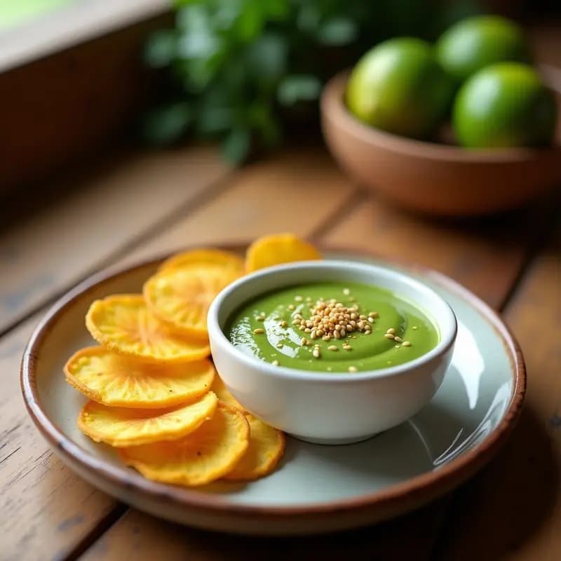Mojo de Cilantro y Limón con Crujientes de Plátano Verde: Salsa Venezolana Keto y Sin Lactosa