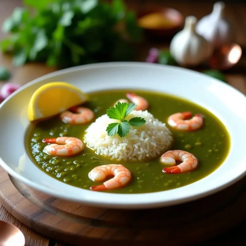 Molokhia con Camarones y Arroz Basmati: Receta Egipcia de Sopa Verde en Olla Exprés