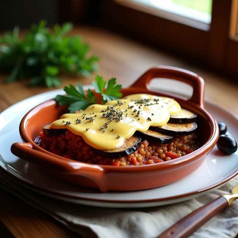 Mousaka de Berenjena y Lentejas Pardinas: Receta Griega Vegana en Olla Exprés