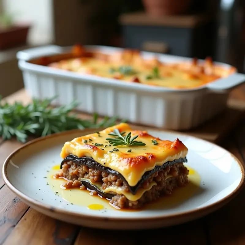 Moussaka de Berenjena y Cordero: Pastel Griego Tradicional con Bechamel Sin Lactosa