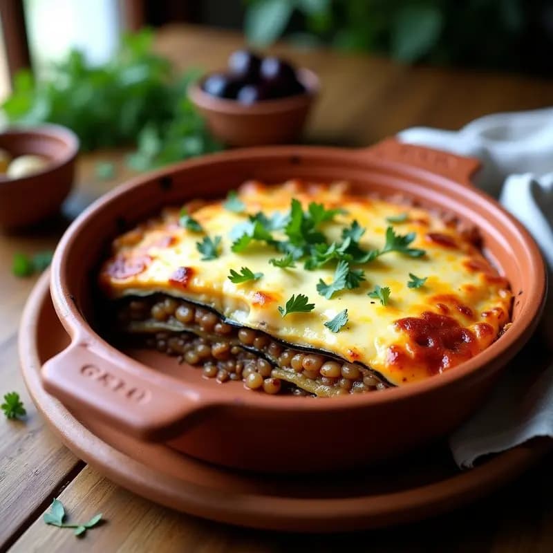 Moussaka de Berenjena y Lentejas con Bechamel de Anacardos: Plato Griego Vegano al Horno