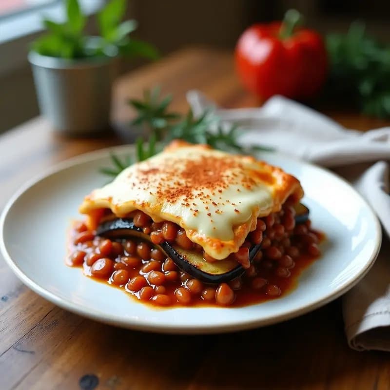 Moussaka de Berenjena y Lentejas Rojas con Bechamel de Avena: Versión Vegana Sin Carne