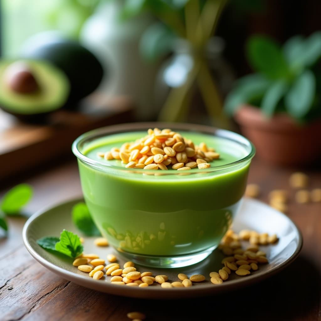 Mousse de Aguacate y Espirulina con Crujiente de Semillas de Girasol: Postre Superfood