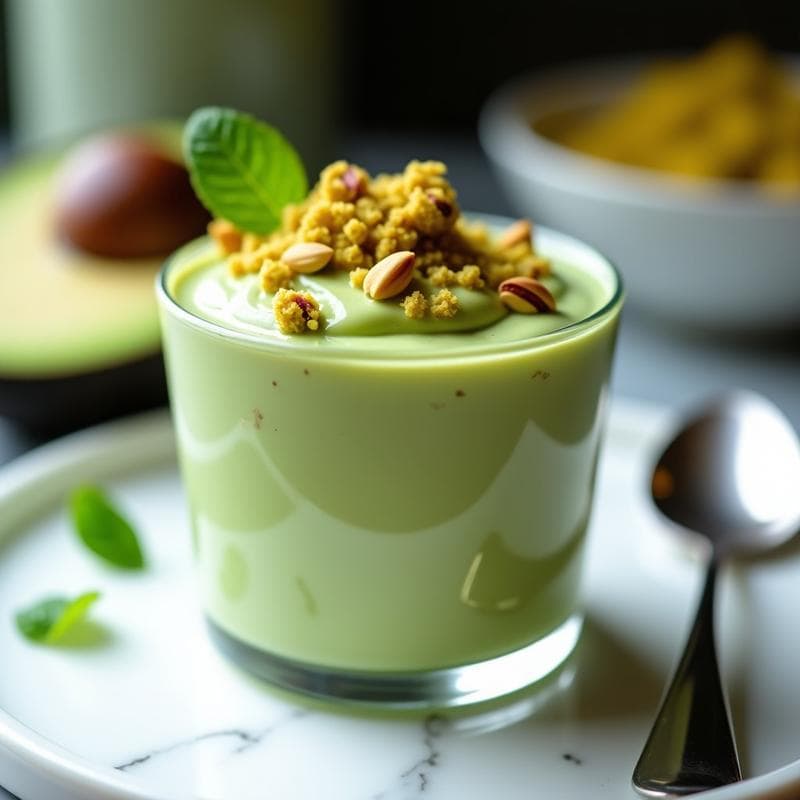Mousse de Aguacate y Matcha con Crumble de Pistacho: Postre Vegano Sin Azúcar