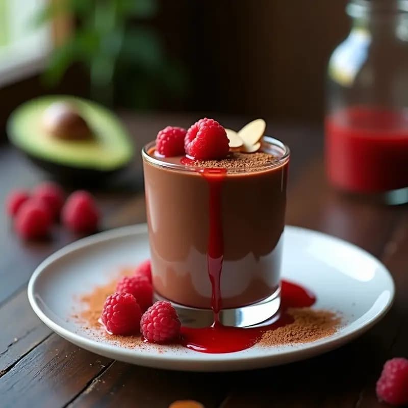 Mousse de Chocolate y Aguacate con Salsa de Frambuesa y Chili