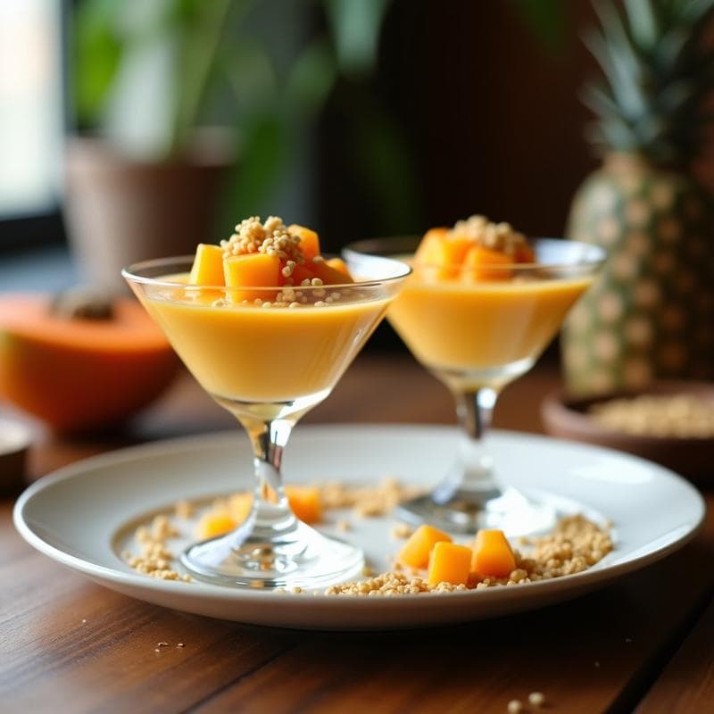 Mousse de Papaya y Mango con Crujiente de Quinoa: Postre Exótico Sin Azúcar