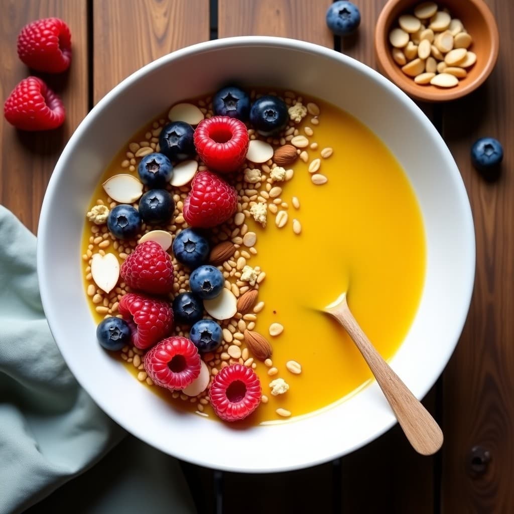 Muesli de Amaranto y Frutos Rojos con Leche de Cúrcuma: Desayuno Antiinflamatorio Sin Lactosa