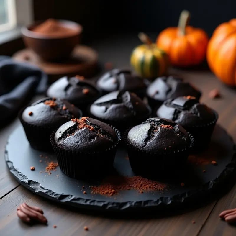 Muffins de Chocolate y Calabaza con Ceniza Activada: Postre Negro y Dramático
