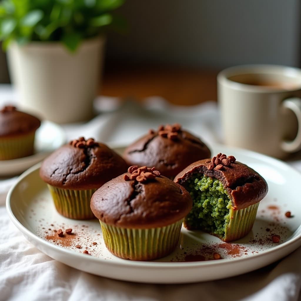 Muffins de Espirulina y Plátano con Cobertura de Cacao: Desayuno Energético Sin Horno
