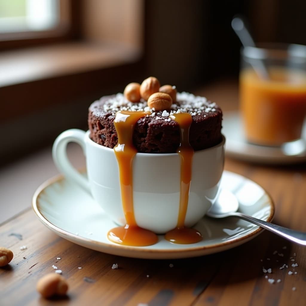 Mug Cake de Cacao y Avellanas con Salsa de Caramelo Salado: Postre en Taza Sin Harina