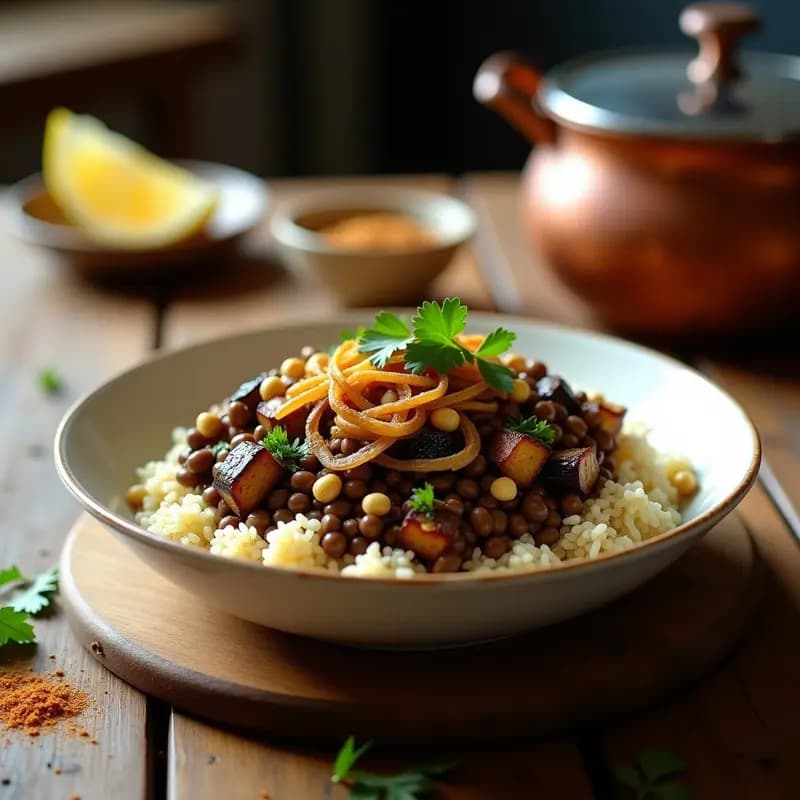 Mujadara de Lentejas Pardinas y Berenjena: Receta Libanesa en Olla Rápida