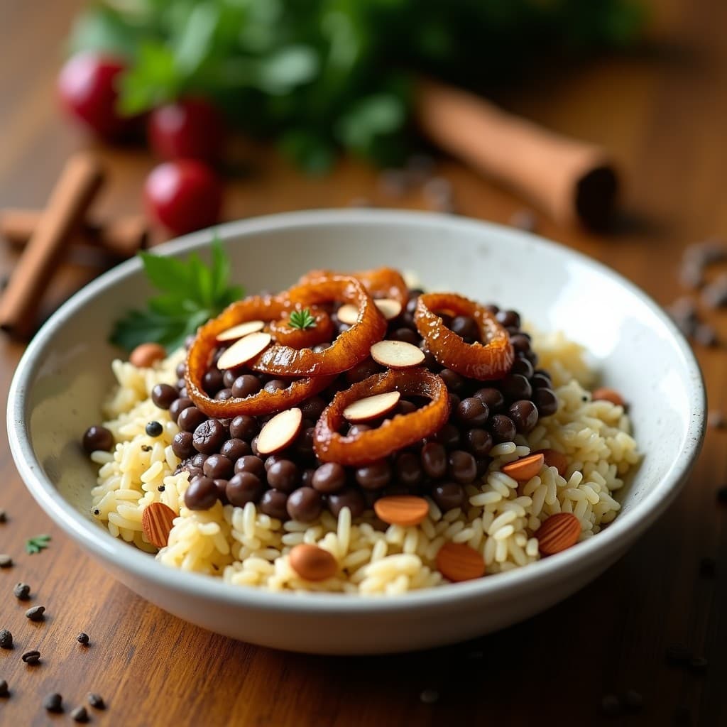 Mujadara de Lentejas Pardinas y Arroz Basmati con Cebolla Crujiente: Receta Árabe Vegana en Olla Express
