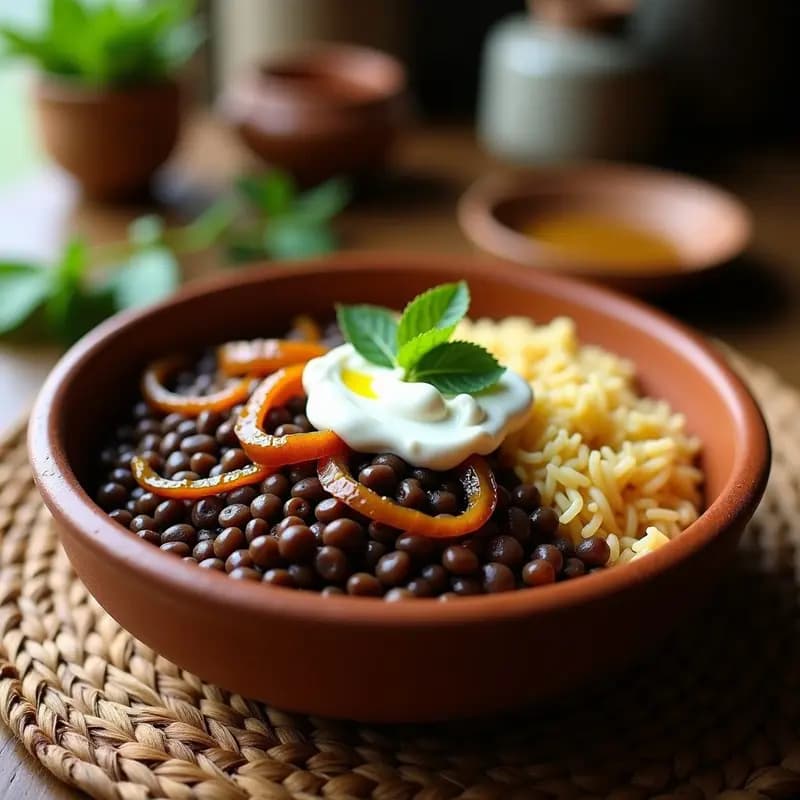Mujadara Libanes: Lentejas y Arroz con Cebollas Caramelizadas y Yogur
