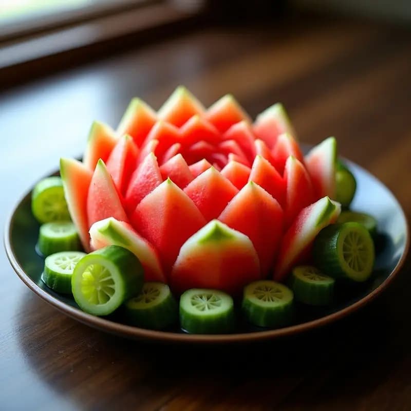 Mukimono Japonés de Sandía y Pepino: Tallado de Frutas Artístico para Eventos