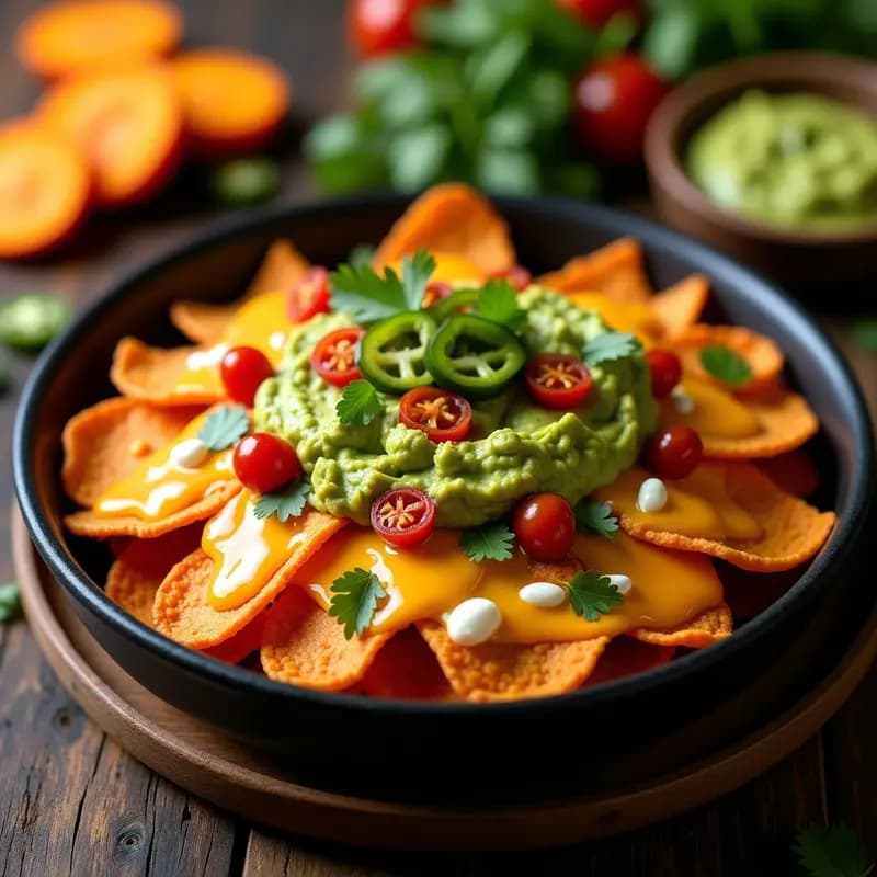 Nachos de Batata con Guacamole de Aguacate y Tomate Seco: Snack Crujiente para Compartir