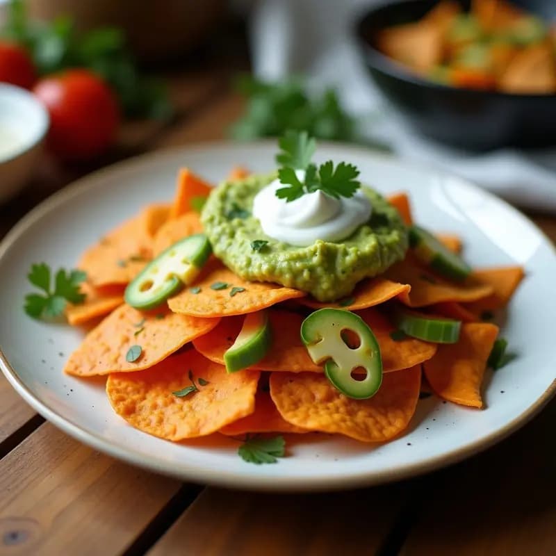 Nachos de Batata con Guacamole de Mango y Salsa de Yogur de Coco: Aperitivo Vegano Crujiente
