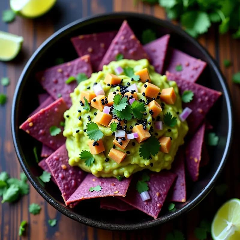 Nachos de Batata Morada con Guacamole de Edamame y Salsa de Chipotle: Receta Vegana Crujiente