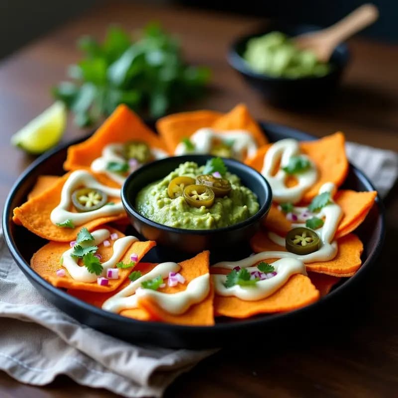 Nachos de Batata con Queso de Anacardos y Guacamole de Aguacate Negro