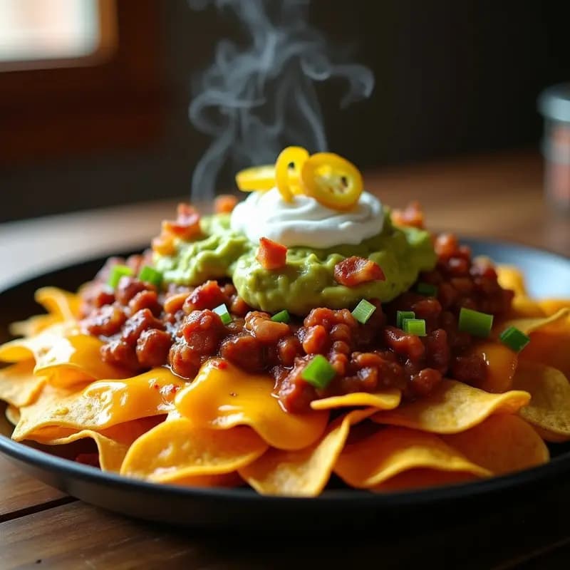 Nachos con Queso Fundido, Chili con Carne y Guacamole de Aguacate y Tocino: Festín Tex-Mex