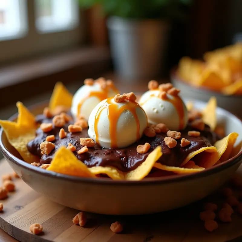 Nachos de Chocolates con Helado de Vainilla, Sirope de Caramelo y Trozos de Galletas: El Postre Más Adictivo