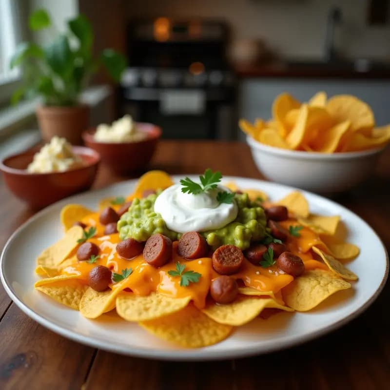 Nachos de Chorizo y Queso Cheddar con Guacamole y Crema Ácida: Aperitivo Tex-Mex para Compartir