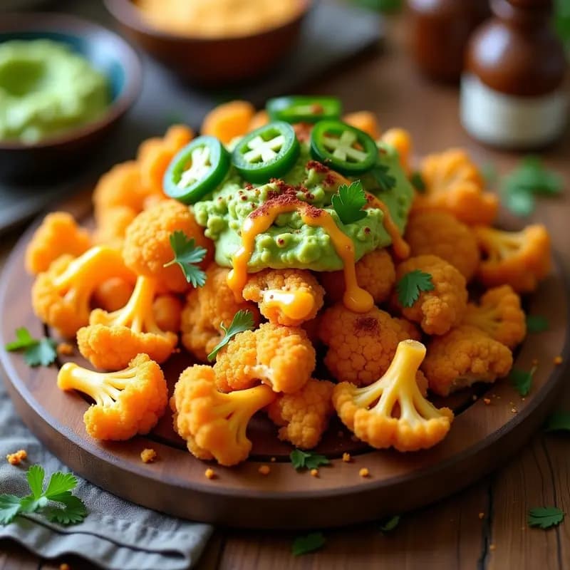 Nachos de Coliflor con Queso Vegano de Batata y Guacamole de Edamame