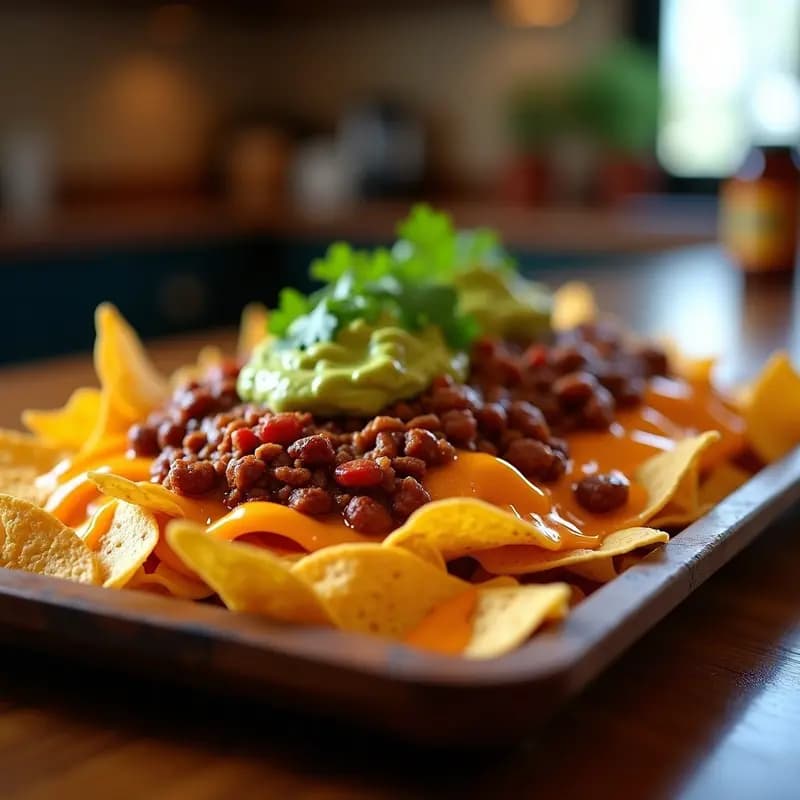 Nachos de Hamburguesa con Queso Fundido, Guacamole y Salsa de Chili con Carne: Snack para Ver el Partido