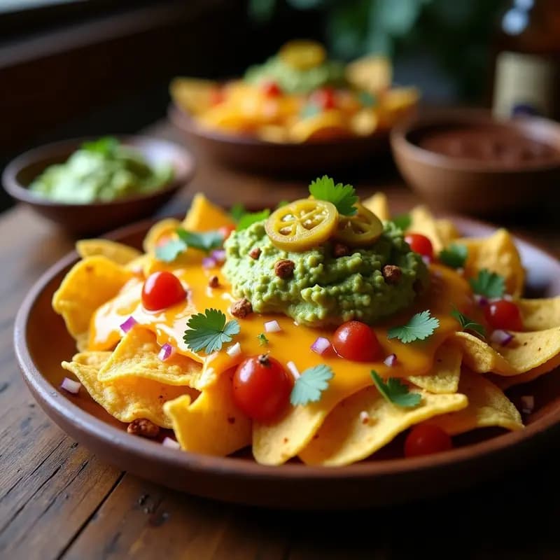 Nachos de Patatas Fritas con Queso Líquido de Nachos, Guacamole de Aguacate y Salsa de Chocolate
