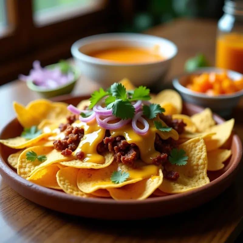 Nachos con Queso Líquido de 3 Tipos, Carnitas Desmenuzadas y Salsa de Mango Habanero: Fiesta en un Plato