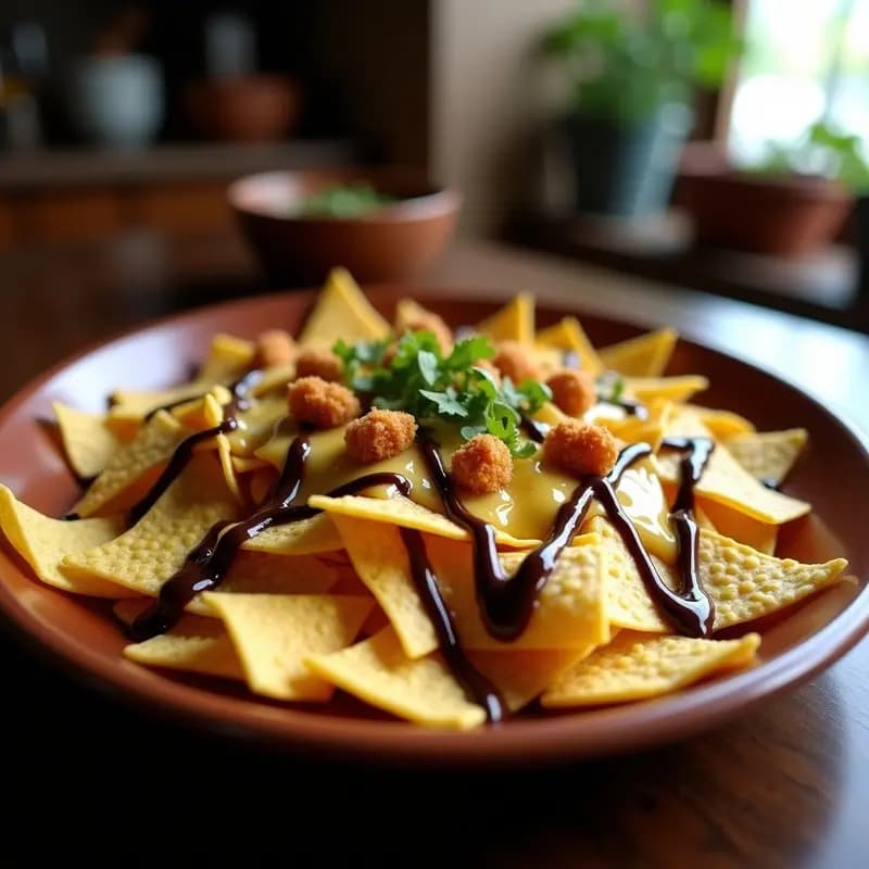 Nachos con Queso Líquido de 3 Tipos, Jalapeños Fritos y Salsa de Chocolate: Combina Salado y Dulce en un Solo Plato