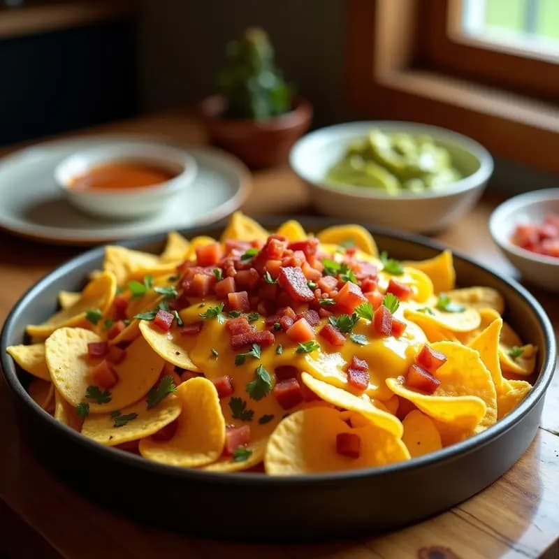 Nachos con Queso Fundido de 4 Tipos y Guacamole con Tocino: La Montaña de Sabores Definitiva