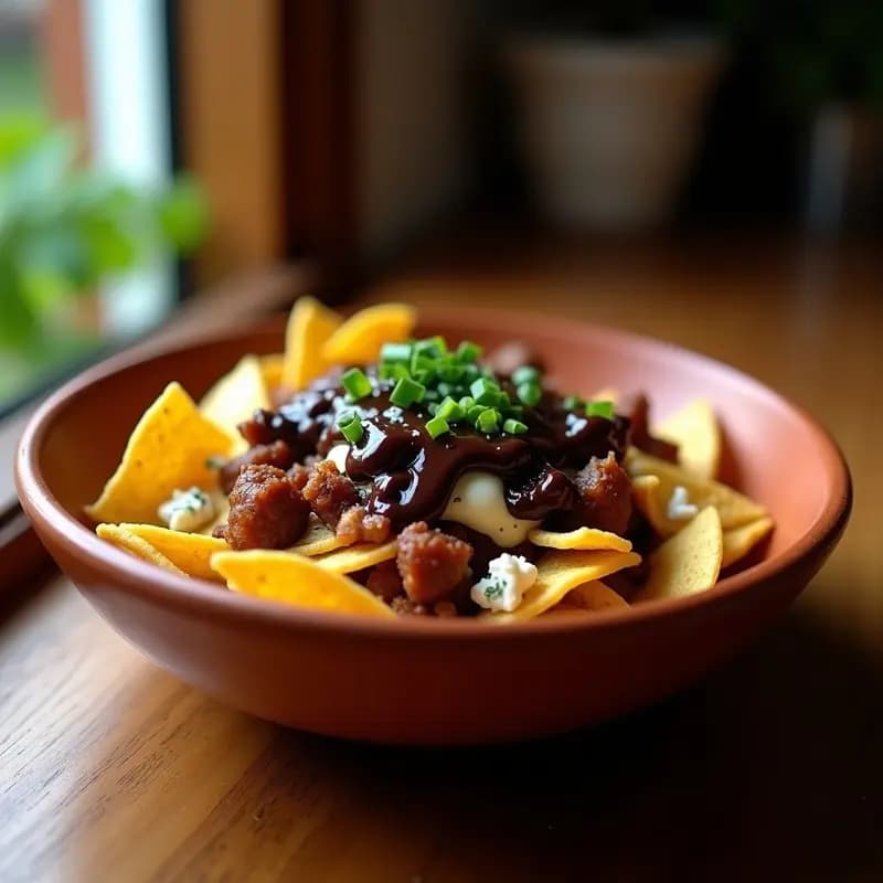 Nachos de Queso Azules con Trozos de Costilla Ahumada y Salsa de Chocolate: Receta Dulce-Salada para Festejar