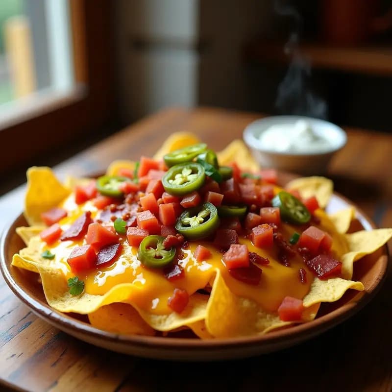 Nachos de Queso Cheddar Fundido con Trozos de Bacon y Jalapeños en Almíbar: El Aperitivo Perfecto para Fiesteros
