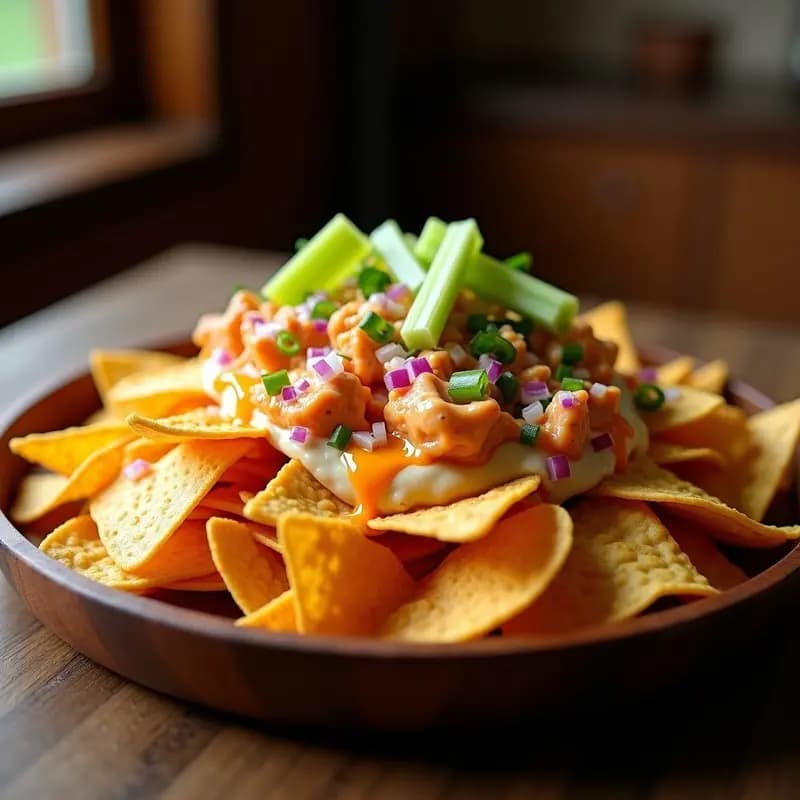 Nachos con Queso Blue Cheese y Salsa de Buffalo: Comida Basura Premium