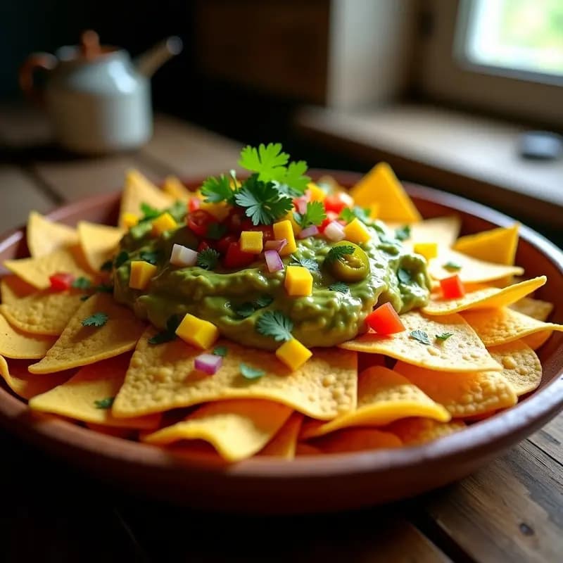 Nachos con Queso Cheddar, Guacamole y Salsa de Jalapeño y Mango: Fiesta de Sabores en un Plato