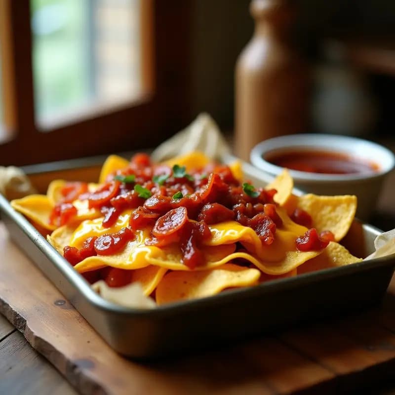 Nachos de Queso Cheddar y Pepperoni con Salsa de Barbacoa y Cebolla Caramelizada: Snack para Compartir