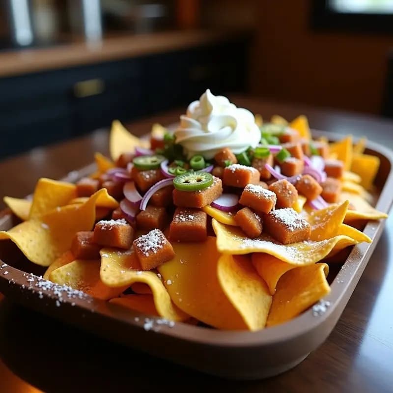 Nachos con Queso Líquido de Cheddar y Journeys, Toppings de Pull Apart y Salsa BBQ: Mountain de Sabores