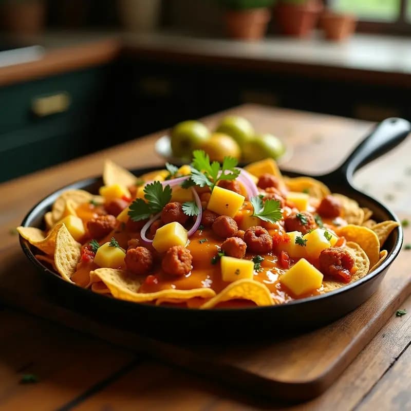 Nachos con Queso Fundido, Chorizo y Piña: Snack Mexicano con un Toque Tropical