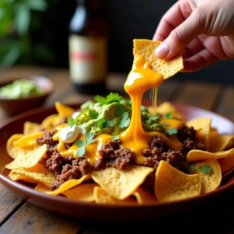 Nachos con Queso Liquido de 4 Tipos, Guacamole y Carne Desmenuzada al Chipotle: El Aperitivo Perfecto para Compartir