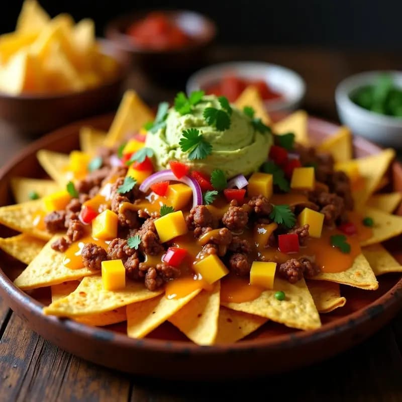 Nachos con Queso Líquido, Carnitas, Guacamole y Salsa de Mango Picante: Montaña de Sabores para Compartir