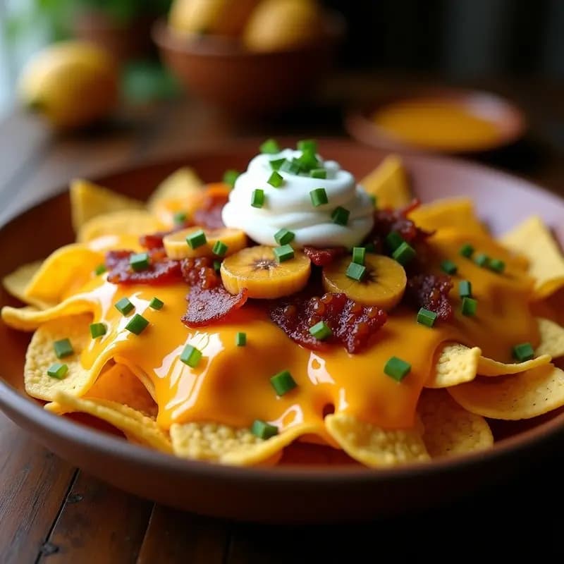 Nachos con Queso Liquido y Toppings de Tocino Caramelizado y Plátano: Fusión Dulce-Salada