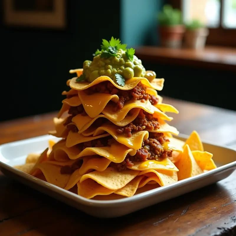 Nachos Tower: Capas de Totopos con Queso, Guacamole, Carnitas y Jalapeños en Salsa de Queso