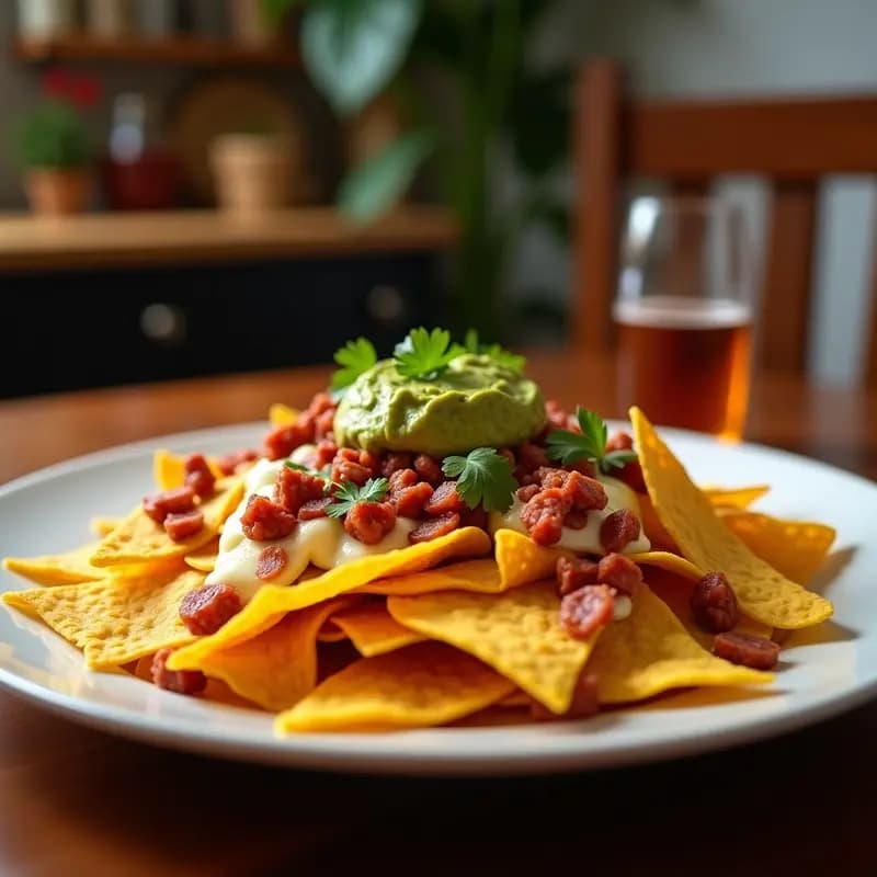 Nachos Volcán con Queso Líquido de 4 Tipos, Guacamole y Chorizo Frito