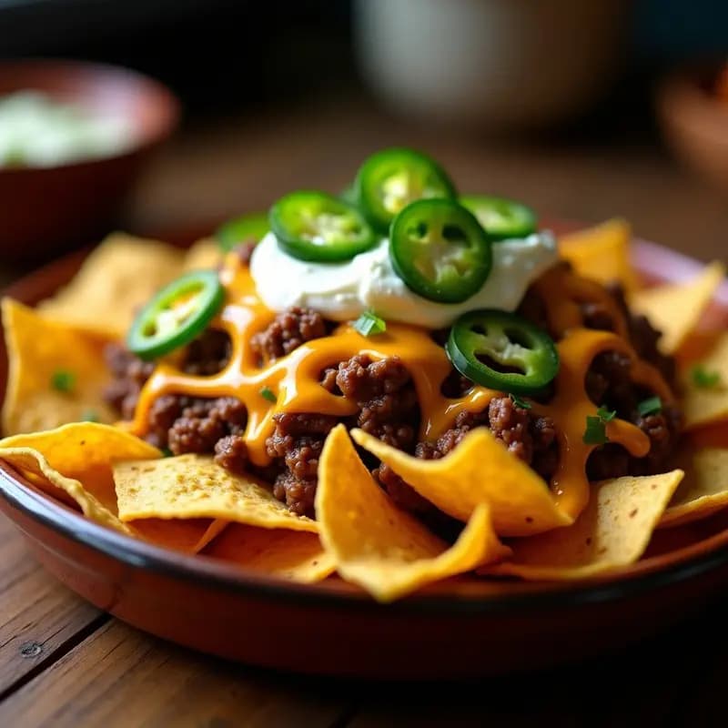 Nachos Volcán: Totopos Cargados con Carne Molida, Queso Fundido, Jalapeños y Salsa de Queso Azul
