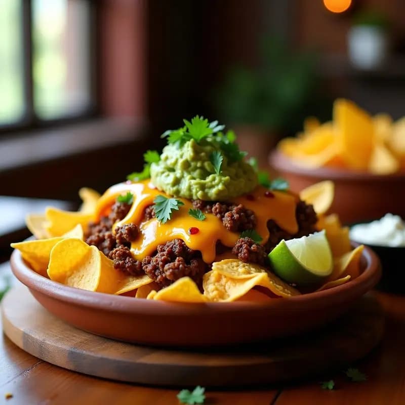 Nachos Volcano con Carne de Res, Queso Fundido y Guacamole: Montaña de Sabores Tex-Mex