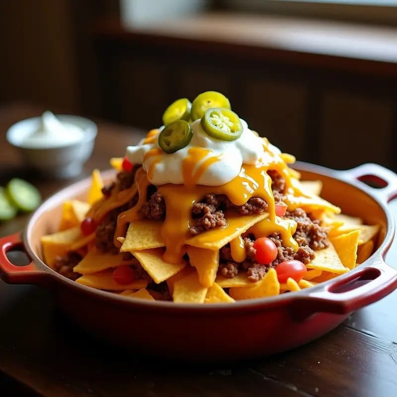 Nachos Volcano con Queso Cheddar, Carne Picante y Crema Ácida: Un Festín Tex-Mex en Capas
