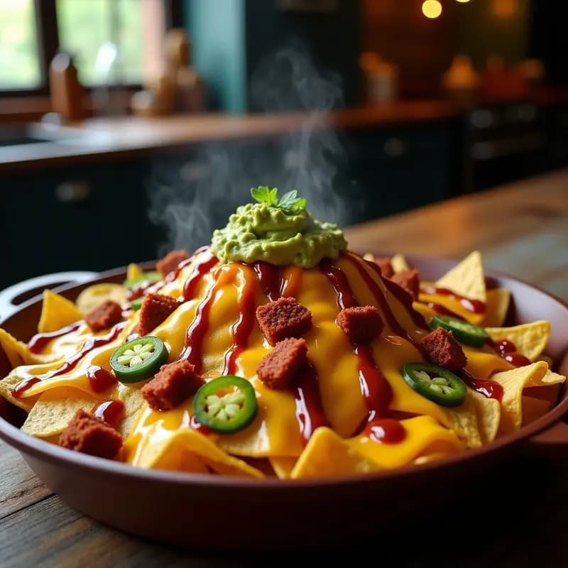 Nachos Volcano con Queso Cheddar y Monterey Jack, Chorizo Picante y Guacamole de Aguacate Hass: Fiestón en una Bandeja