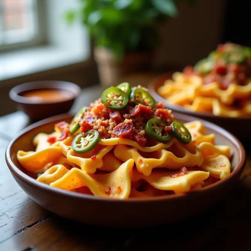 Nachos de Waffle con Queso Liquido, Bacon Crujiente y Jalapeños en Almíbar: Desorden Delicioso